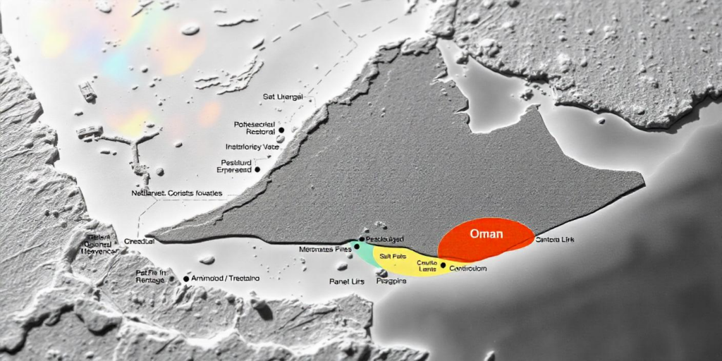 A map of Oman's coastline highlighting areas vulnerable to sea level rise