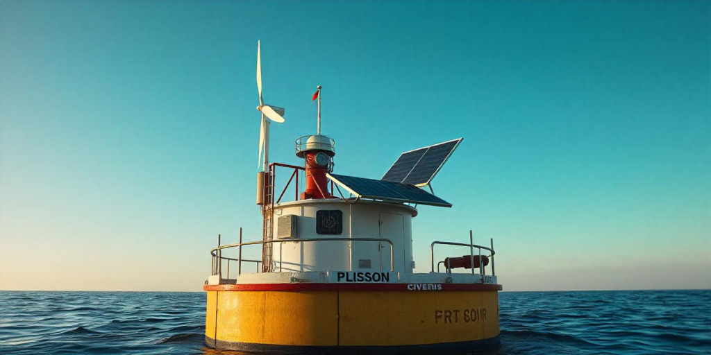 A navigation buoy powered by a small wind turbine and solar panel.