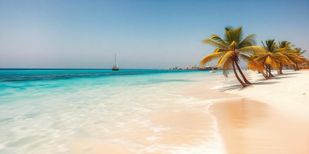 A picturesque beach in the Gulf with clear turquoise water, white sand, and traditional dhow boats sailing in the distance.