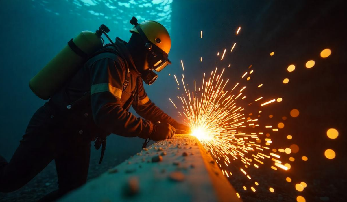 A skilled diver performing underwater welding on a submerged pipeline, with sparks flying.