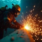 A skilled diver performing underwater welding on a submerged pipeline, with sparks flying.