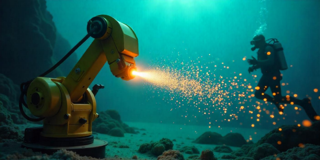 A robotic arm performing friction welding on a subsea structure.