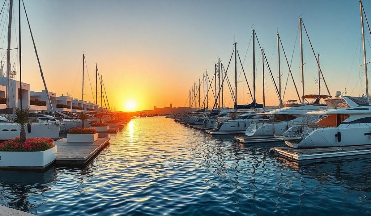 A panoramic view of a luxurious marina designed and built by MII, showcasing the blend of modern architecture, lush landscaping, and sparkling waters