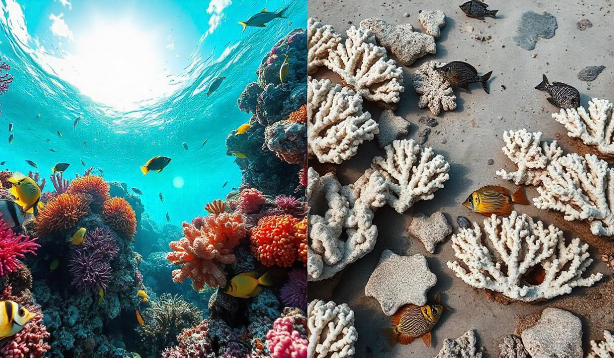 A split image showing a healthy coral reef on one side and a bleached, degraded reef on the other, illustrating the impact of ocean acidification.