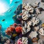 A split image showing a healthy coral reef on one side and a bleached, degraded reef on the other, illustrating the impact of ocean acidification.